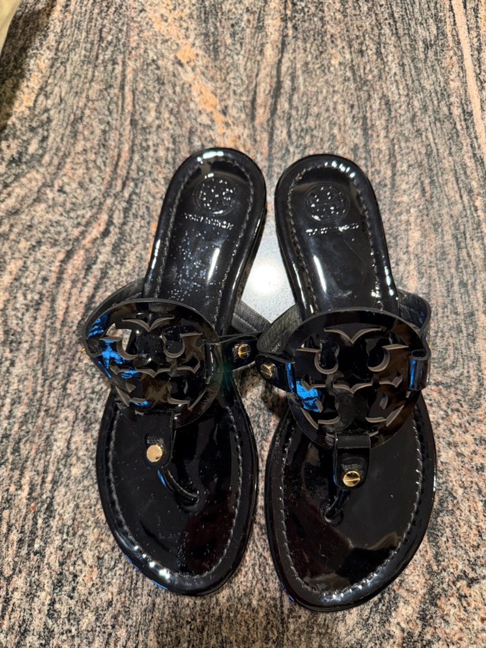 Tory Burch Black Patent Logo Thong Sandals